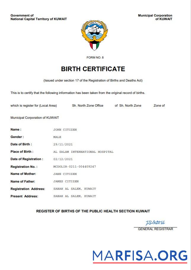 Printable Kuwait vital record birth certificate Word and PDF template
